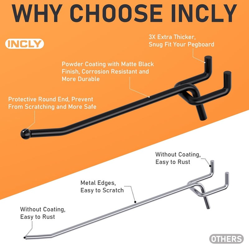 INCLY 36 Pack 4/6/8 Inch Black Pegboard Hooks, 1/4" Heavy Duty Peg Board Shelving Hooks Accessories, Peg Board Tool Hangers Fit 1/4" Pegboard for Organizing Garage, Craft Room, Kitchen, Store - Image 3